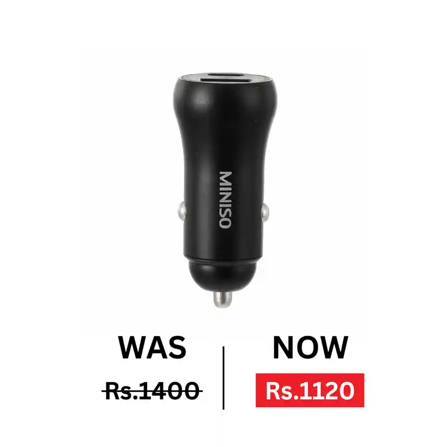 Miniso — 2.4A Two-Output Charger for Car - USB and Type C, Model: U18 (Black)