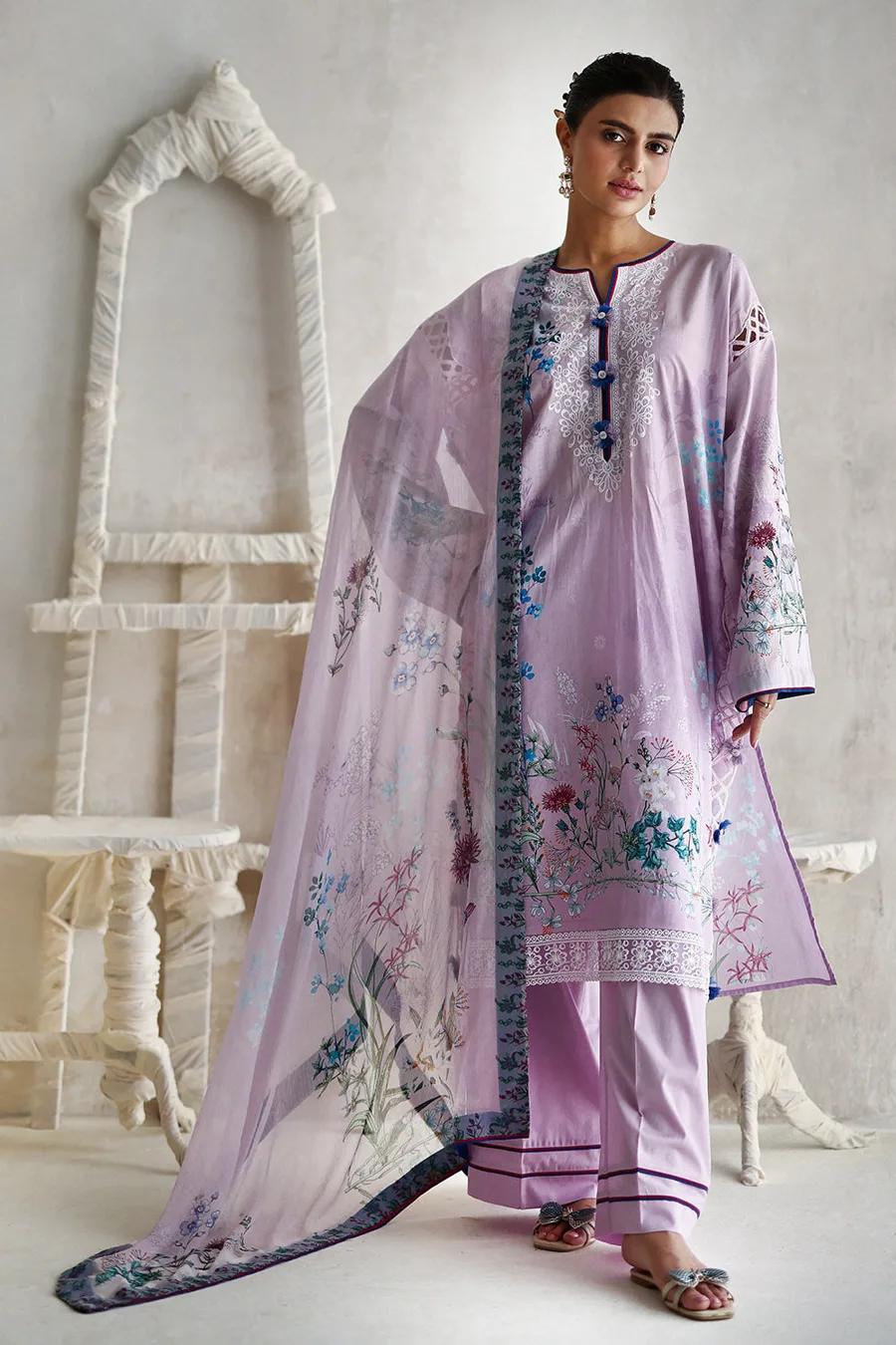 Gul Ahmed — 3 Piece Embroidered Printed Lawn Suit with Printed Chiffon Dupatta and Embroidered Sleeve Border