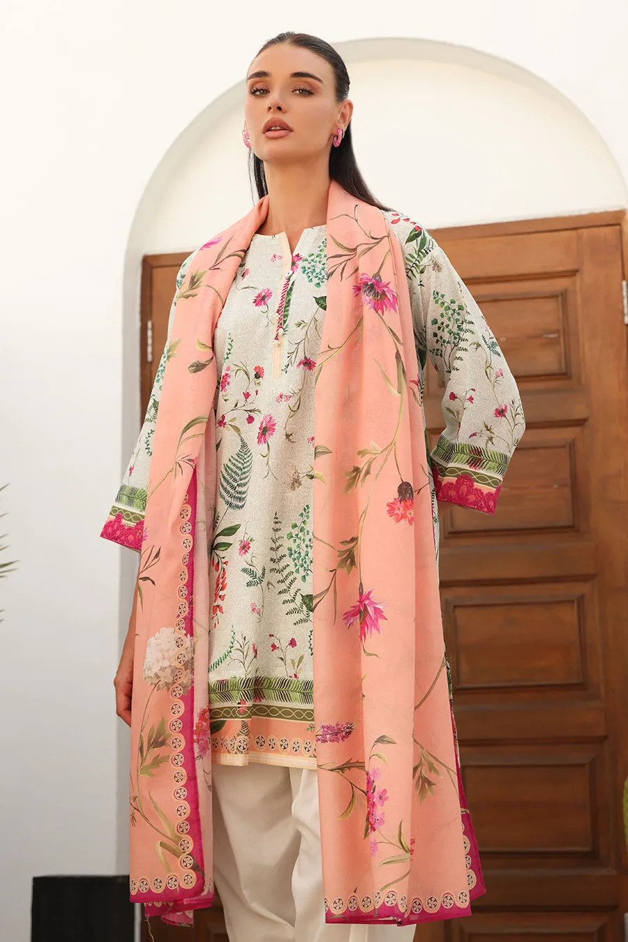 Gul Ahmed — 3 Piece Printed Lawn Suit with Printed Lawn Dupatta and Embroidered Neckline and Sleeve Laces