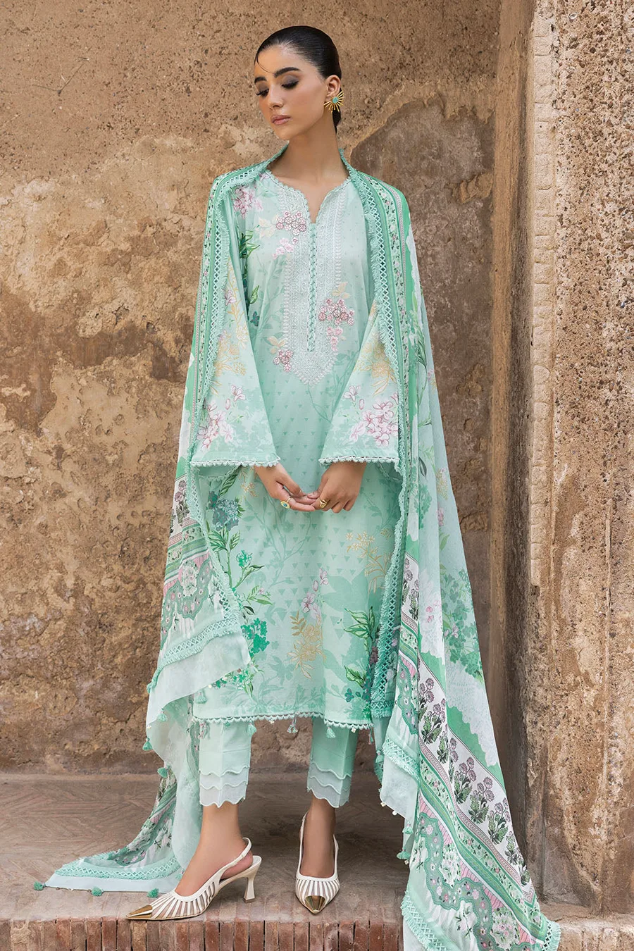 Gul Ahmed — 3 Piece Printed Lawn Suit with Printed Chiffon Dupatta and Embroidered Neckline